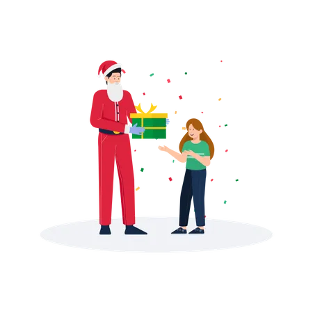 Papai Noel dando presente de Natal para menina  Ilustração