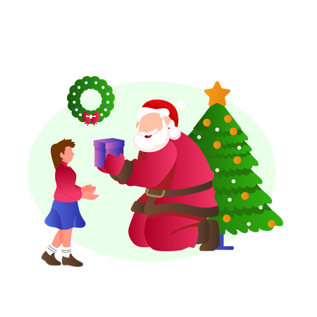 Papai Noel dando presente para menina  Ilustração