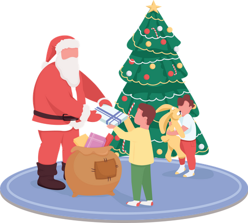 Papai Noel dando presentes às crianças  Ilustração