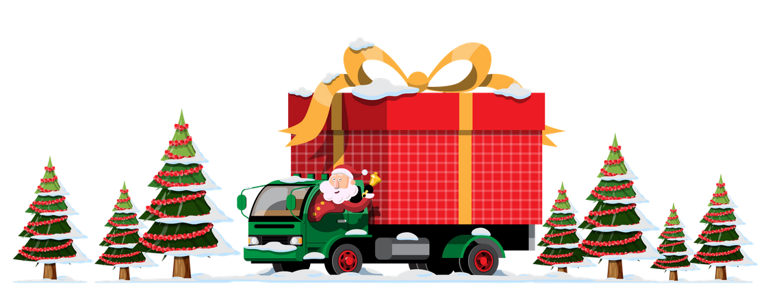 Papai Noel dirige um caminhão para entregar presentes de Natal  Ilustração