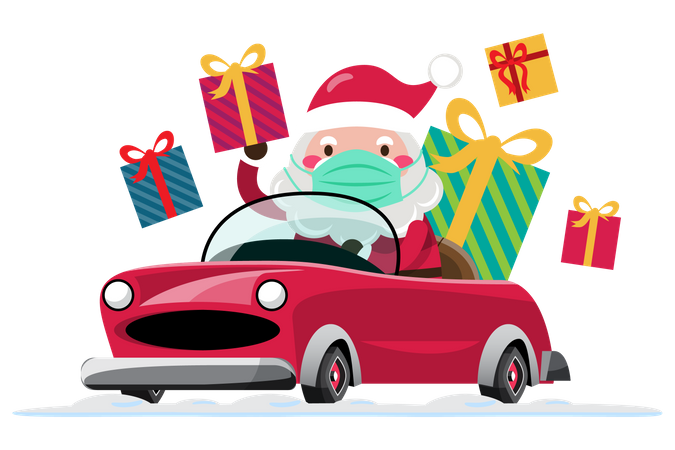 Papai Noel dirige um carro para enviar presentes de Natal para crianças de todo o mundo usando máscara  Ilustração