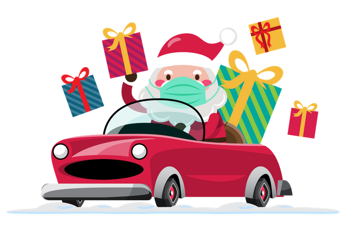 Papai Noel dirige um carro para enviar presentes de Natal para crianças de todo o mundo usando máscara  Ilustração