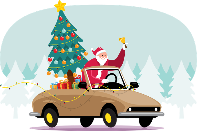 Papai Noel dirigindo carro com presentes de Natal e árvore  Ilustração