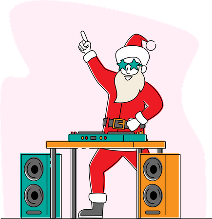 Papai Noel DJ em fone de ouvido fazendo música no console da boate  Ilustração