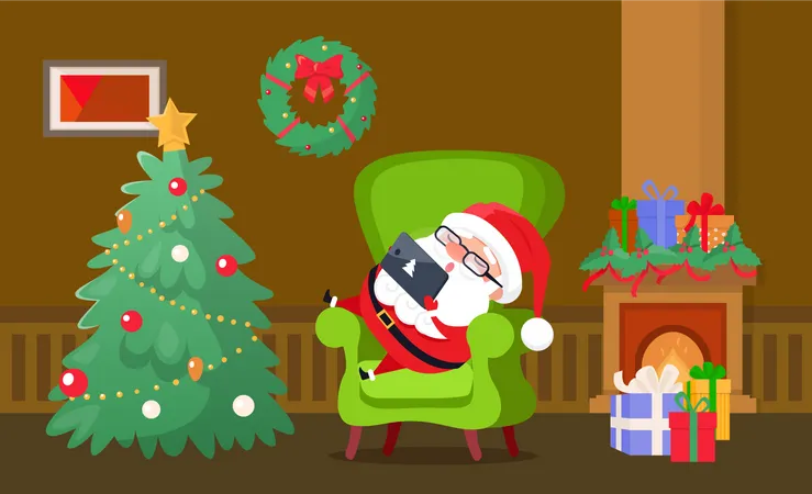 Feliz Natal Papai Noel Dormindo Na Cadeira Vetor Interior Da Casa Decorado Com Guirlanda Arcos E Estrelas Lareira Com Presentes E Caixas De Presente Surpresa Ilustração