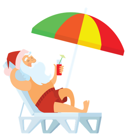 Papai Noel dormindo sob o guarda-sol e bebendo refrigerante  Ilustração