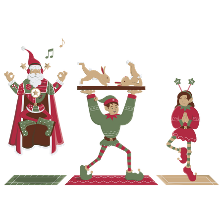 Papai Noel e Elfo estão fazendo ioga  Ilustração