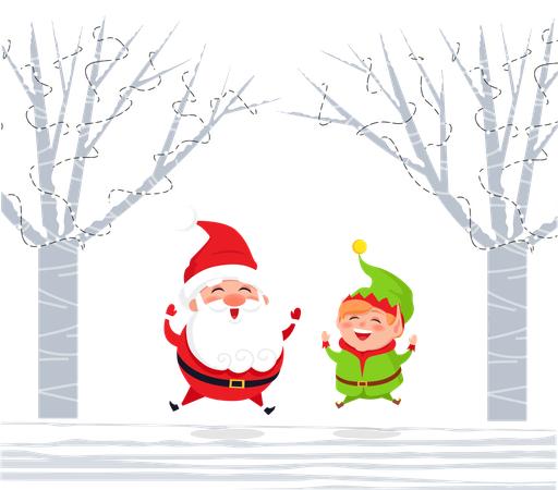 Papai Noel e Elfo na Floresta de Inverno Pulando de Alegria  Ilustração