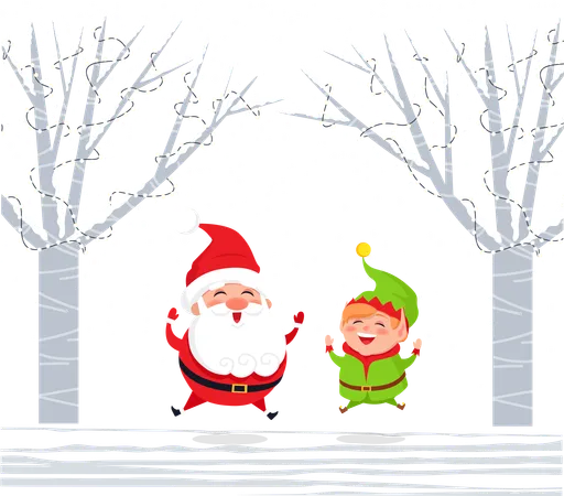 Papai Noel e Elfo na Floresta de Inverno Pulando de Alegria  Ilustração