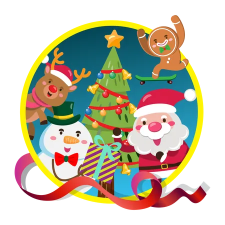 Papai Noel e equipe decorando árvore de Natal  Ilustração