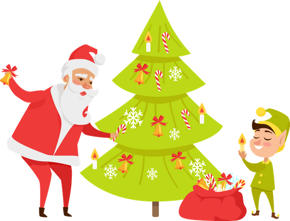 Papai Noel e gnomo decorando árvore de Natal com doces  Ilustração