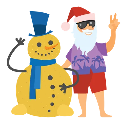 Papai Noel e homem da areia juntos  Ilustração