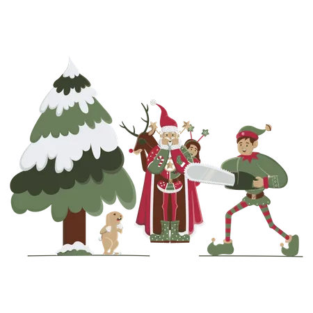 Papai Noel e o duende cortando árvore com motosserra  Ilustração
