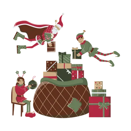 Papai Noel e os duendes segurando um grande saco de presentes  Ilustração