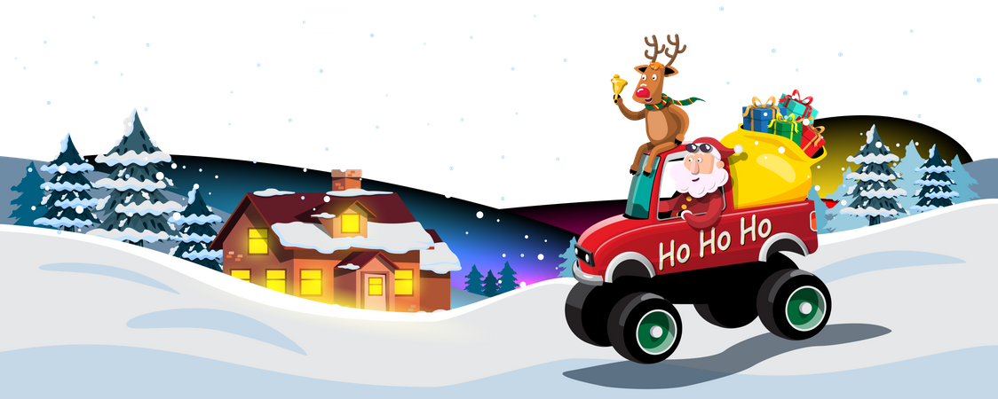 Papai Noel e renas dirigem carro para entregar presentes de Natal  Ilustração