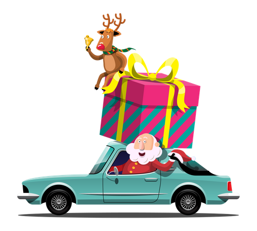 Papai Noel e renas dirigem um carro para entregar presentes de Natal  Ilustração