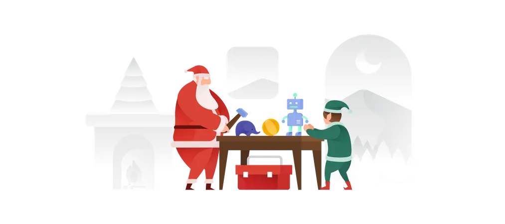 Papai Noel e seu duende fazendo brinquedos  Ilustração