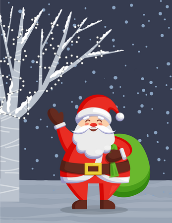 Papai Noel em pé na floresta à noite  Ilustração