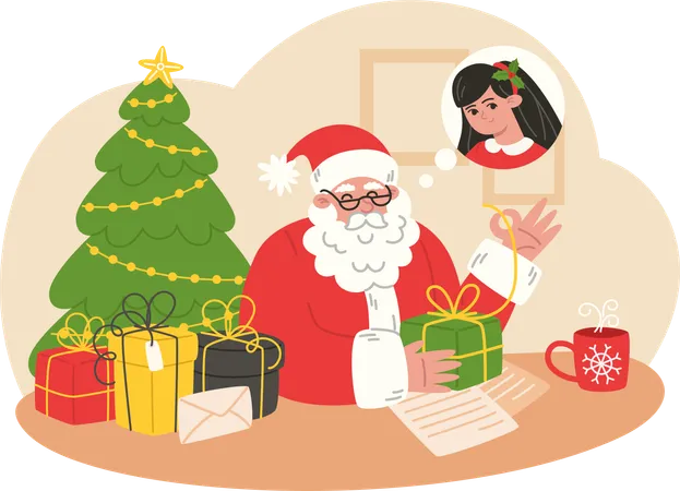 Papai Noel embrulhando presentes para crianças  Ilustração
