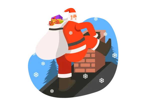 Papai Noel entrando em casa pela chaminé  Ilustração