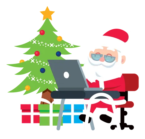 Papai Noel enviando presentes online no laptop  Ilustração