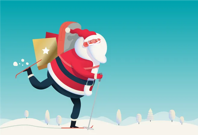 Esquiar Papai Noel Panfleto De Venda De Natal Ilustracao Moderna Do Conceito Vetorial Plano Do Alegre Papai Noel Esquiando Com Sacolas De Compras Na Paisagem Coberta De Neve Estrelas E Elementos Dourados De Neve Ilustração