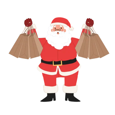 Papai Noel está segurando sacolas de compras  Ilustração