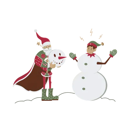 Papai Noel inventando duende como boneco de neve  Ilustração
