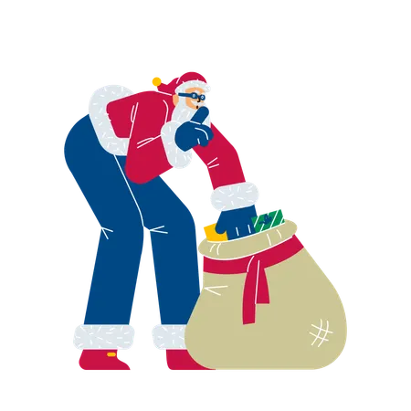 Papai Noel com máscara tirando um presente da sacola e fazendo gesto para ficar quieto  Ilustração