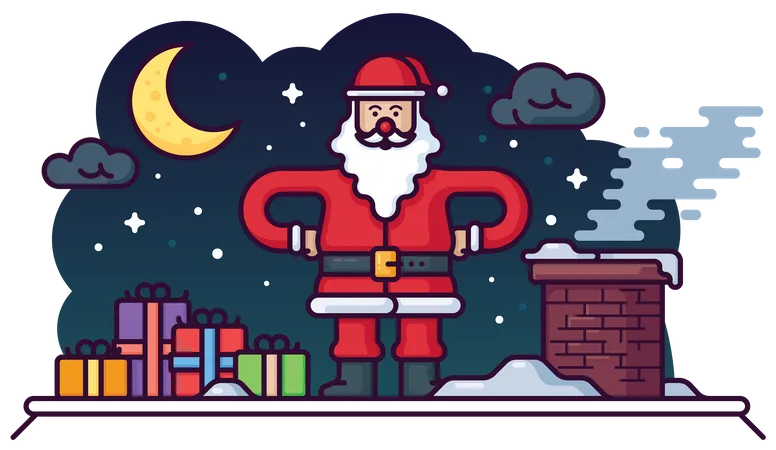 Papai Noel no telhado da casa  Ilustração