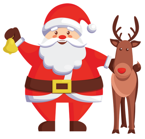 Papai Noel segurando um sino em pé com renas  Ilustração