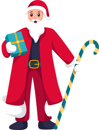 Papai Noel segurando caixa de presente e doces grandes  Ilustração