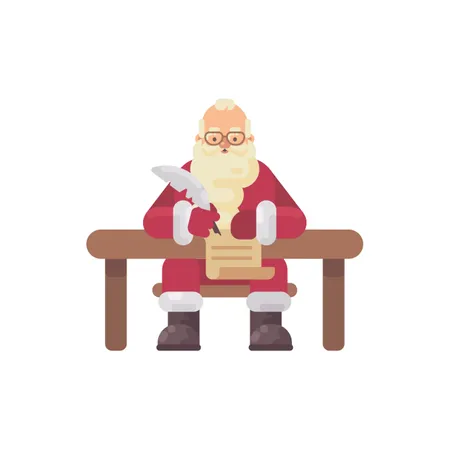 Papai Noel sentado em sua mesa escrevendo uma carta para uma criança. Ilustra??o plana de personagem de Natal  Ilustração
