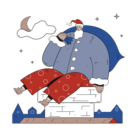 Papai Noel sentado na chaminé da lareira  Ilustração