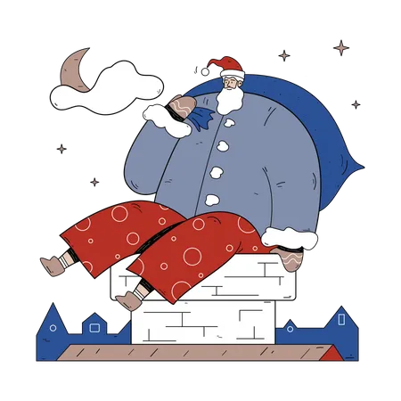 Papai Noel sentado na chaminé da lareira  Ilustração