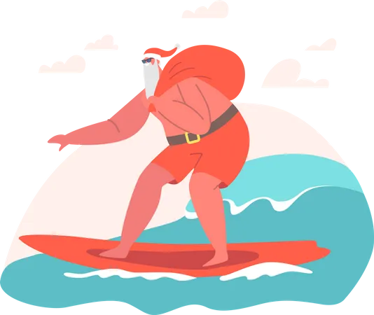 Papai Noel surfando nas ondas do oceano na prancha de surf  Ilustração