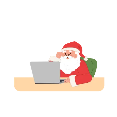 Papai Noel trabalhando no laptop  Ilustração