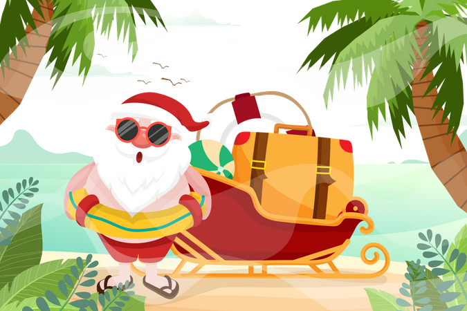 Papai Noel usando anel de natação  Ilustração