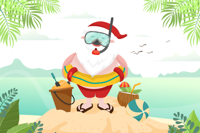 Papai Noel vestindo roupa de mergulho na praia  Ilustração