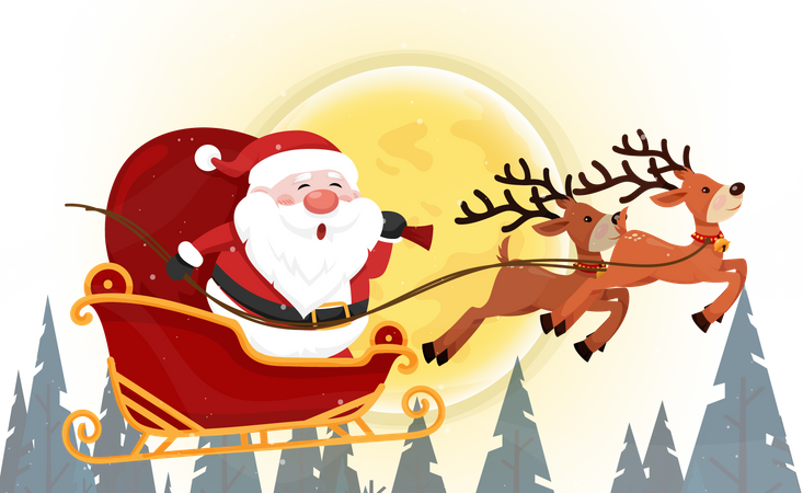 Papai Noel voando no céu em trenó com renas à noite  Ilustração