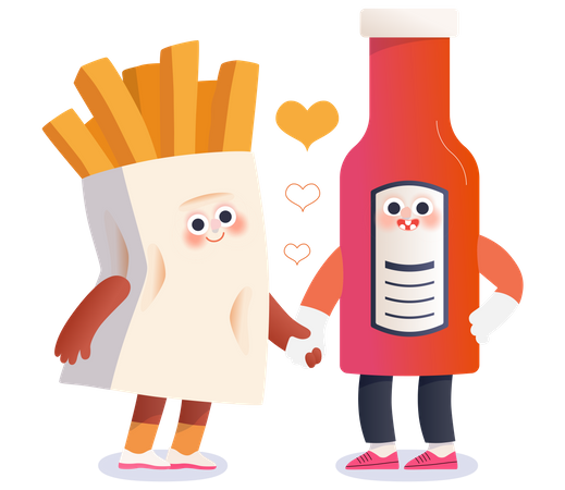 Patatas fritas y botella de ketchup enamoradas  Ilustración