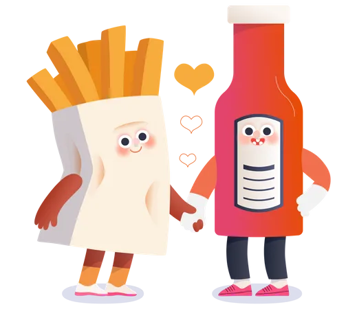 Patatas fritas y botella de ketchup enamoradas  Ilustración