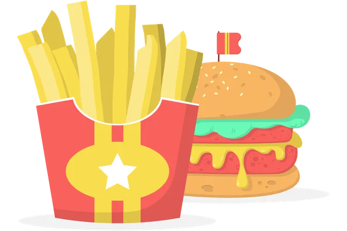 Papas fritas y hamburguesa  Ilustración