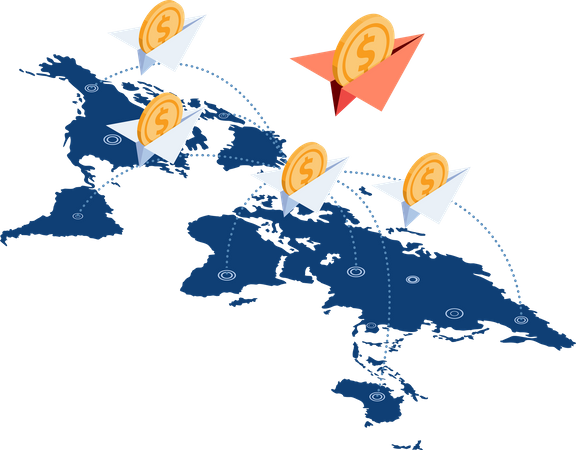 Paper Airplane with Dollar Coin Over World Map Illustration