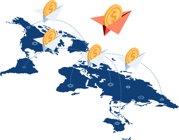 Paper Airplane with Dollar Coin Over World Map  Illustration
