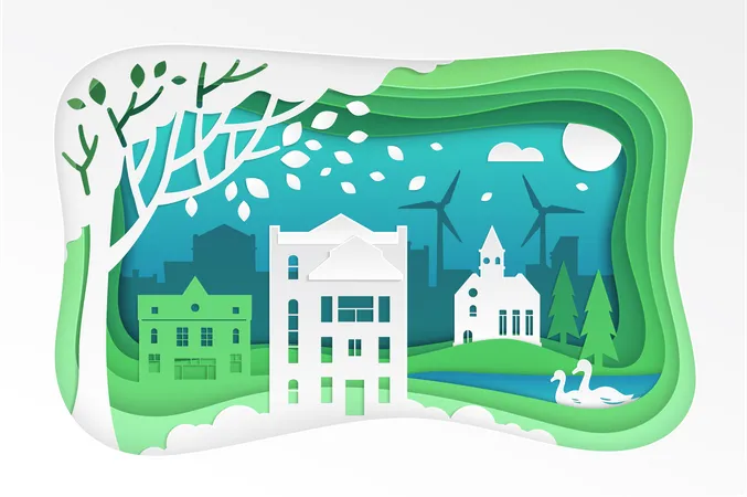 Paper Cut Landscape Modern Vector Illustration High Quality Unusual Composition With A Church Pond With Swans Windmills Buildings Trees Clouds Eco Town Theme Illustration