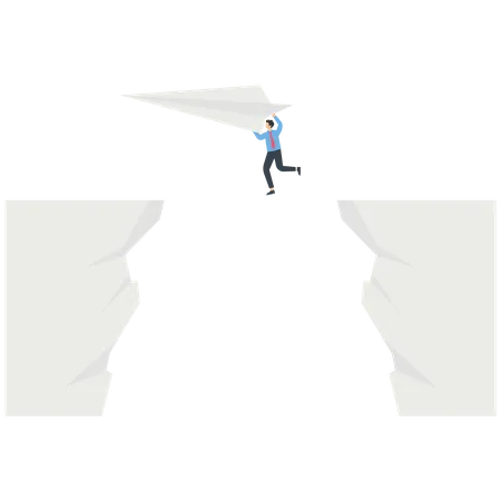 Paper plane with businessman flying over the cliff  Illustration