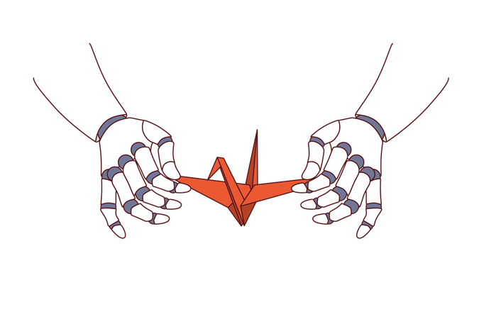 Paper swan in hands robot demonstrating creative skills thanks to artificial intelligence training  Illustration