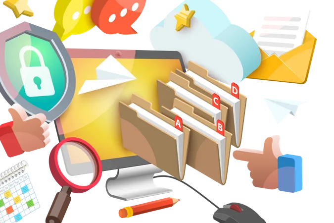 3 D Vector Conceptual Illustration Of Paperless Office Document Management System Searching Files In Organized Archive Illustration
