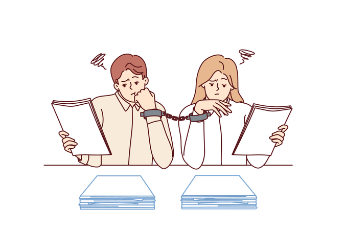 Paperwork forces handcuffed colleagues to do overtime sitting at desk with papers  イラスト